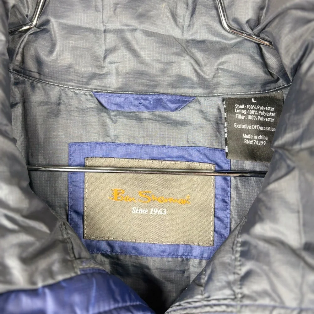 Ben Sherman Mens Blue Grid Quilted Puffer Jacket Full Zip Ripstop Large RN74299